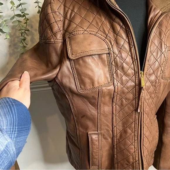Michael kors brown tan leather with wool collar aviation style bomber jacket xl - Picture 7 of 12
